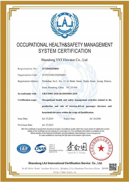 Cina Shandong YST Elevator Co., Ltd. Certificazioni