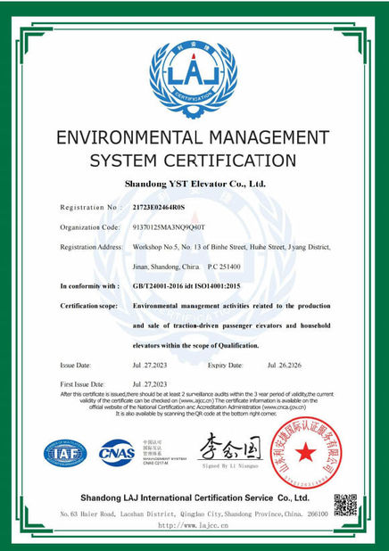 Cina Shandong YST Elevator Co., Ltd. Certificazioni