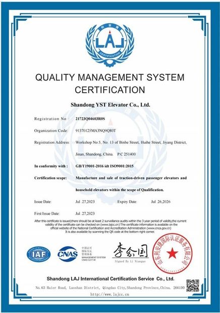 Cina Shandong YST Elevator Co., Ltd. Certificazioni